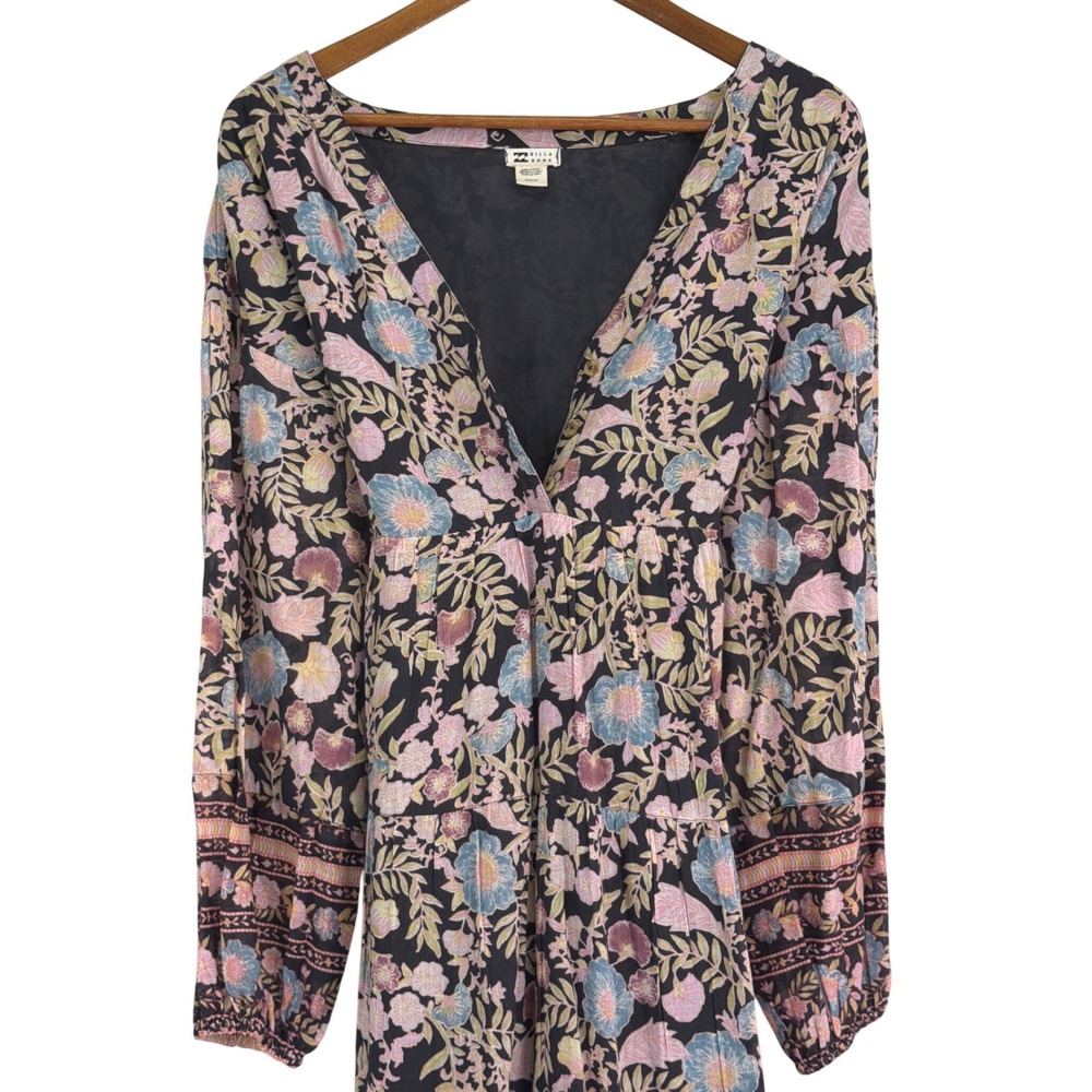 Billabong Floral Midi Dress Black Pink Boho Long Sleeve Womens M NWT - Picture 7 of 15